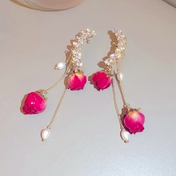 🌹🌹🌹Rose Ear Climber Set / Bohemian Pearl & Rose Earring🌹🌹🌹 - Picture 3 of 6